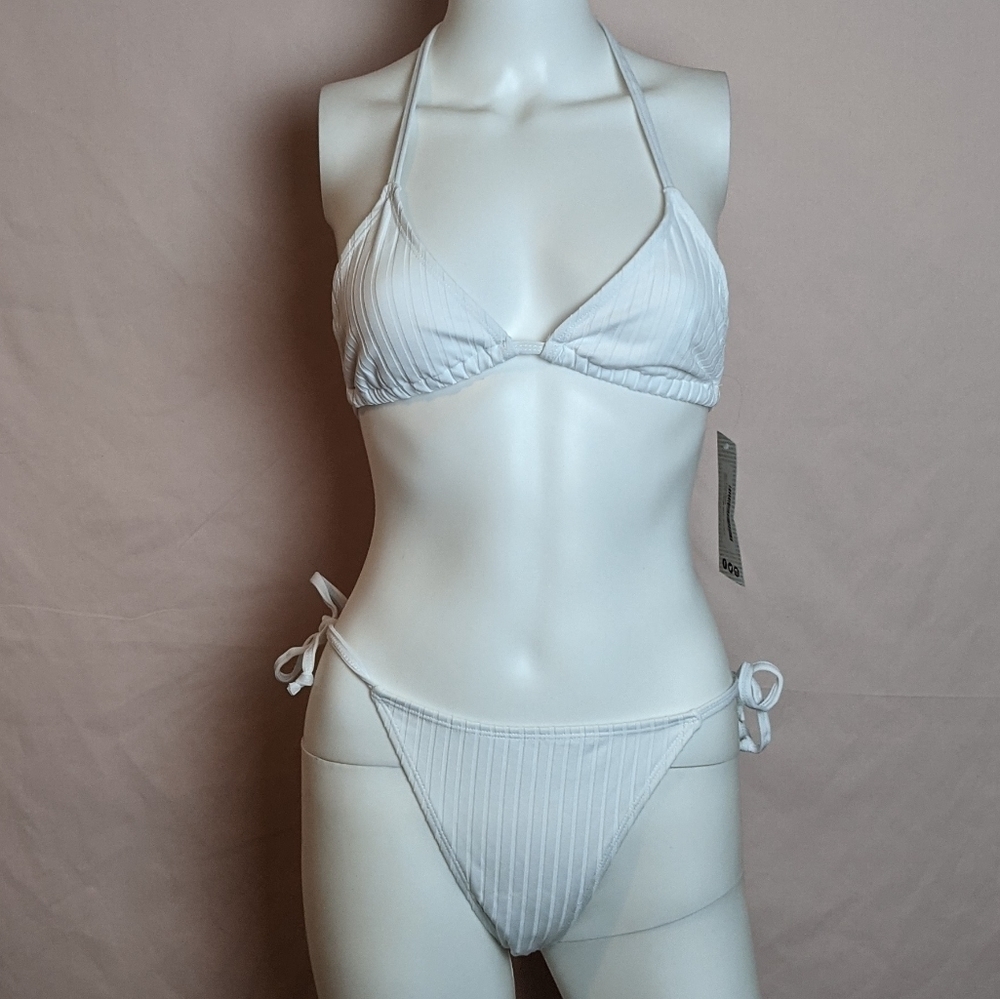 Boohoo Ribbed Tie Triangle Bikini White